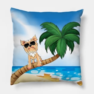 Yorkshire Terrier Dog Wearing Sunglasses on Palm Beach during Summer Pillow