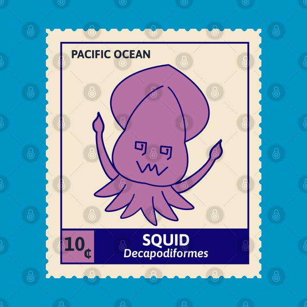 Kawaii Cute Silly Purple Squid, Ocean Stamp Collection, Stamp Collector by vystudio