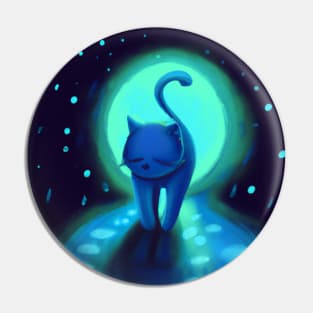 Blue Cat Takes a Cool Stroll in the Moonlight Pin