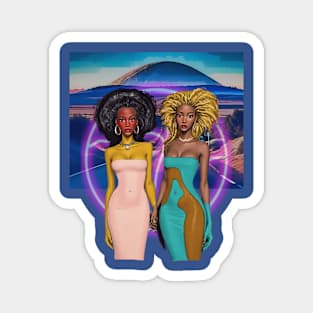 Two Afro Fashion Dolls with halo on desert road Magnet