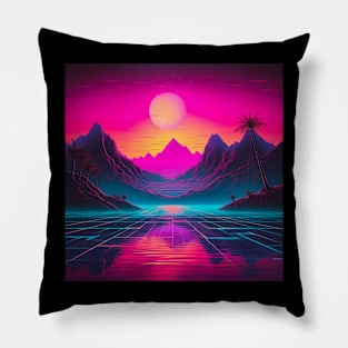 Vaporwave Retrowave Synthwave Vintage Sunset Palm Trees Ocean Mountains Pillow