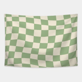 Green and Cream Distorted Warped Checkerboard Pattern I Tapestry