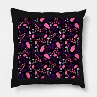 Pattern with colourful autumn leaves and flowers in neon pink and black background Pillow