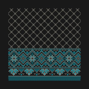Palestinian Arabic Kufiya Keffiyeh or also called Hatta Traditional Pattern with Tatreez Embroidery Art Design Blue Cream on Navy T-Shirt