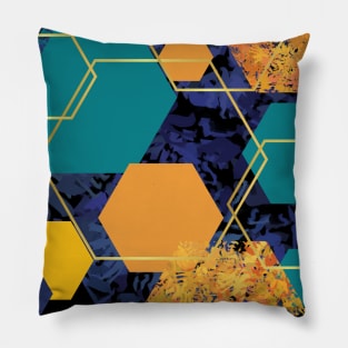 Blue, orange, navy, yellow and gold geometric hexagons Pillow