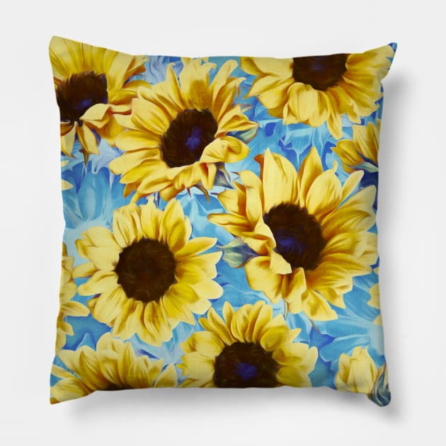 Dreamy Sunflowers on Blue Pillow by micklyn