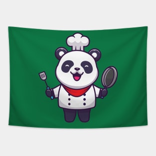 Cute Panda Chef Holding Pan And Spatula Cartoon Tapestry