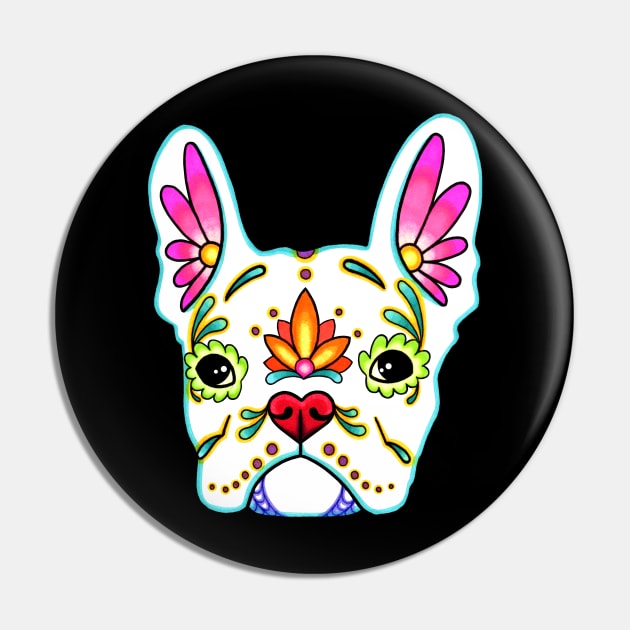 French Bulldog in White - Day of the Dead Sugar Skull Dog Pin by prettyinink