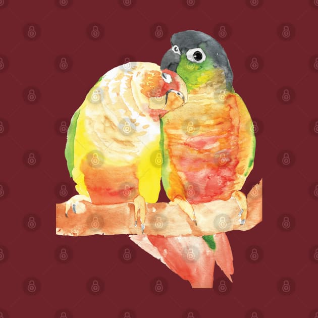 green cheeked conure lover watercolor by Oranjade0122