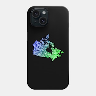 Colorful mandala art map of Canada with text in blue and green Phone Case