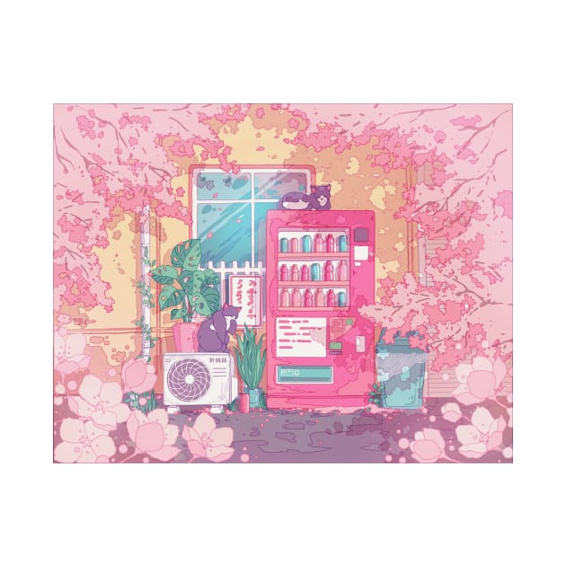 The stray cats, wending machine and pink cherry blossom by AnGo