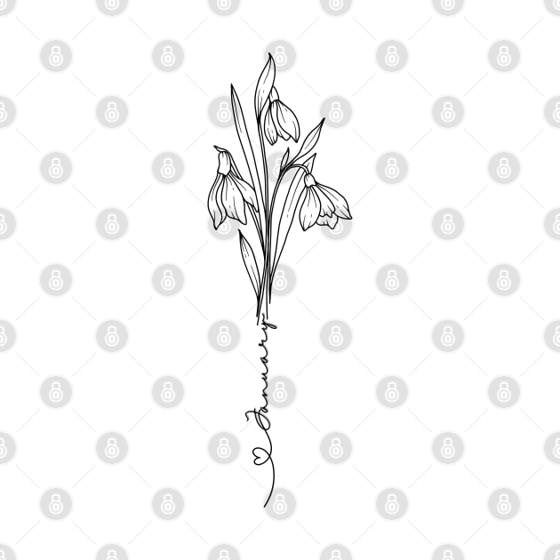 Minimalist Line Art Drawing Carnation Snowdrop  January Birth Flowerl by Tina