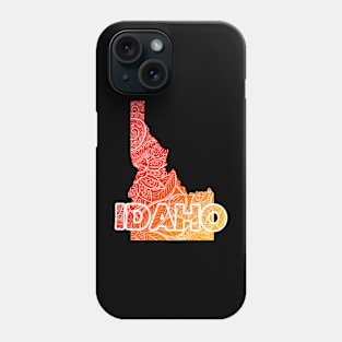 Colorful mandala art map of Idaho with text in red and orange Phone Case