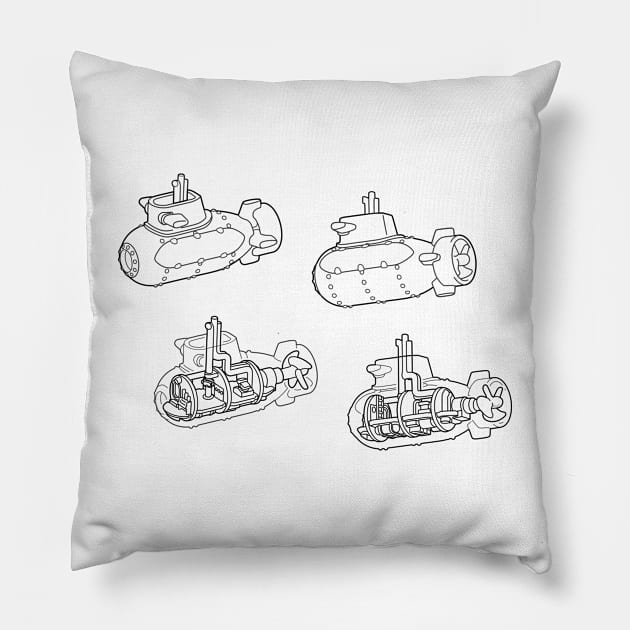 Black Line-Drawn Submarine Diagram Submersible Illustration Pillow by taylorcustom