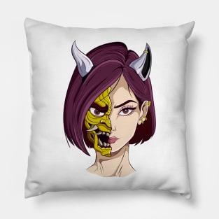 The Oni Masked Beauty 3 - Japanese vector art - Pillow