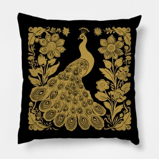 Mustard Yellow Block Print Peacock with Flowers Pillow