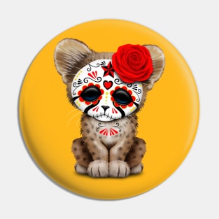 Red Day of the Dead Sugar Skull Cheetah Cub Pin