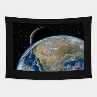 Planet Earth and Moon against dark starry sky Tapestry