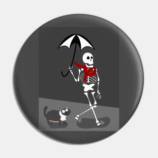 Cute Skeleton In Red Scarf Walking With Black Cat Pin