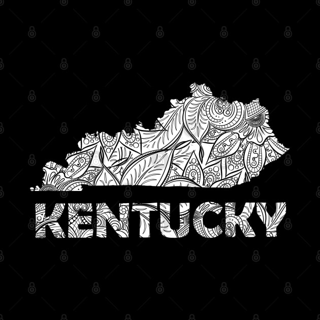 Mandala art map of Kentucky with text in white by Happy Citizen