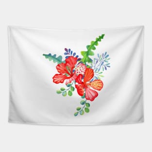 Exotic red Hibiscus flowers and tropical leaves bouquet Tapestry