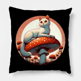 Funny Vintage White Cat in Mushroom Garden Pillow