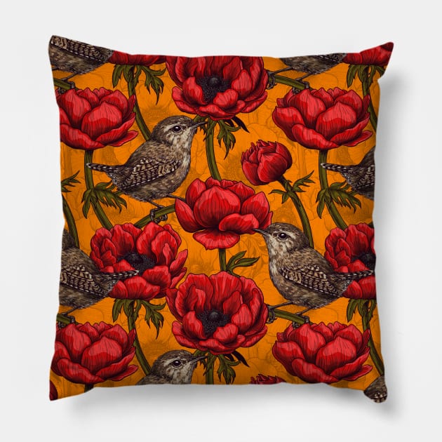 Wrens in a red anemone garden Pillow by katerinamk