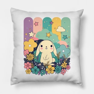 Cute Kawaii Easter Bunny surrounded by flowers Pillow