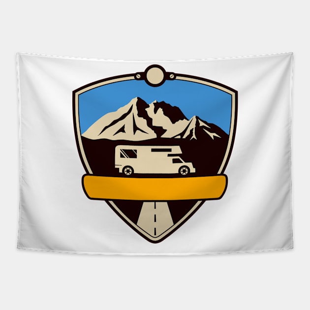 Travel Adventure Mountains Camper Emblem Tapestry by RageRabbit