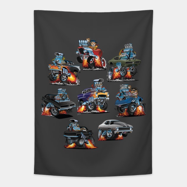 Car Madness! Muscle Cars and Hot Rods Cartoon Tapestry by hobrath