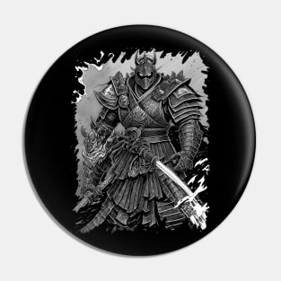 Armored Samurai warrior with katanas heavy armor Japanese culture inspired manga black and white ink drawing Pin
