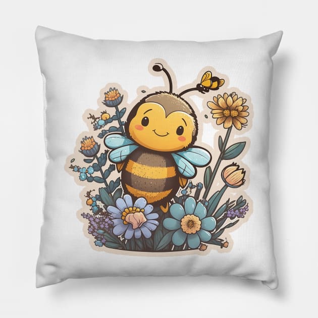 Adorable Bee with Flowers Cartoon Art Pillow by MK3