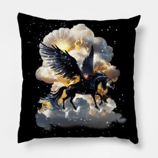 Mythical Pegasus black horse wings night clouds splash watercolor fantasy magical tale romance illustration Birthday idea Party Pillow