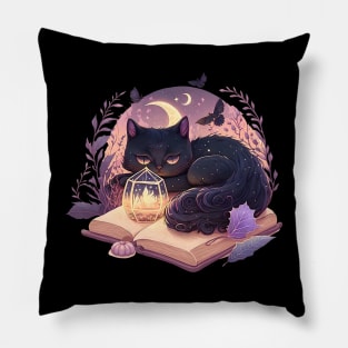Black Cat Witchy Spooky Halloween Magic Aesthetic Pillow