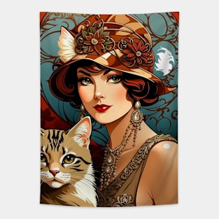 Vintage 1920s Art Nouveau Woman and Cat Tapestry