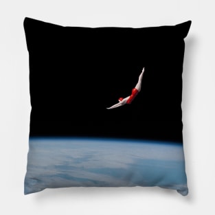 Space Diver: Woman in Red Bathing Suit Dives Gracefully to Earth Pillow