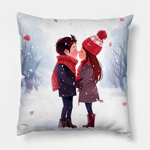 valentine lovers in snow - valentine gift Pillow by UmagineArts