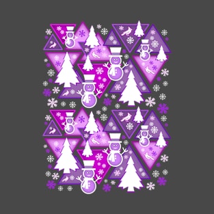 Geometric Purple Winter Season Pine Trees Snowmen Snowflakes T-Shirt