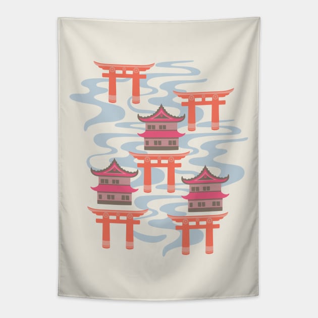 EDO Traditional Japanese Castles and Oriental Japan Torii Gates with Flowing River in Vintage Palette Fuchsia Pink Coral Orange Brown Blue White - UnBlink Studio by Jackie Tahara Tapestry by UnBlink Studio by Jackie Tahara