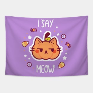 Cute pumpkin cat Halloween illustration Tapestry