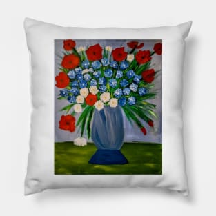 cornflowers and poppies and daisy in a silver blue vase . Pillow