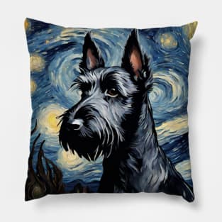 Cute Scottish Terrier Dog Breed Painting in a Van Gogh Starry Night Art Style Pillow