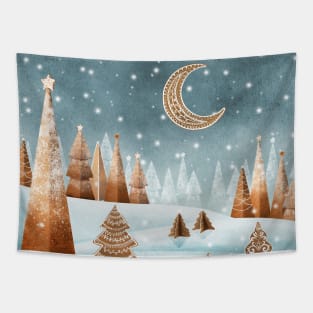 Gingerbread trees snow landscape watercolor illustration. Winter candy world fantasy print. Cookies spruce trees and moon. Sweet Christmas decorations Tapestry