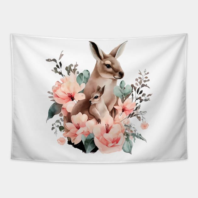 kangaroo with baby and flowers Tapestry by DreamLoudArt