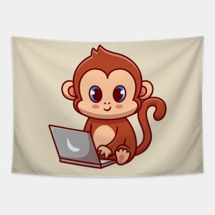 Cute Monkey Working On Laptop Cartoon Tapestry