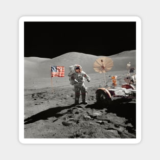 Astronaut Walking on Moon, Lunar Roving Vehicle, USA flag Magnet