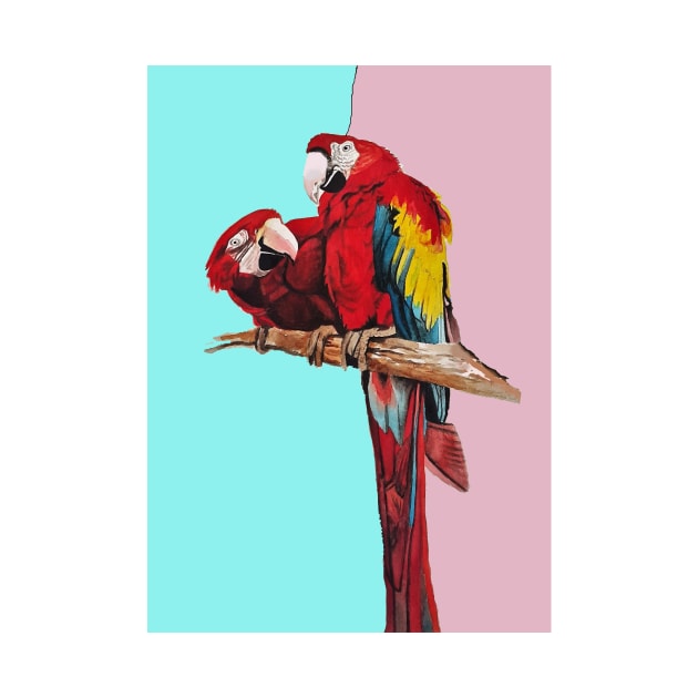 Macaw Parrot Watercolor Painting on Aqua and Pink by SarahRajkotwala