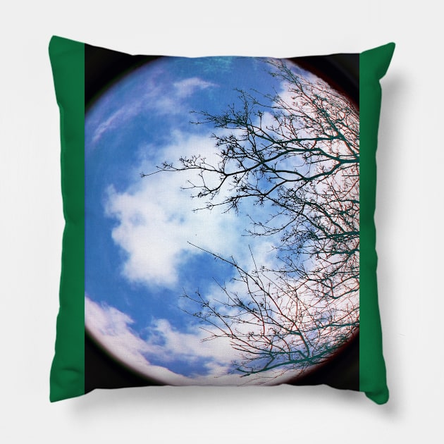 Planet Earth Environment with Blue Sky, White Cloud and Winter Tree Pillow by Supertonic