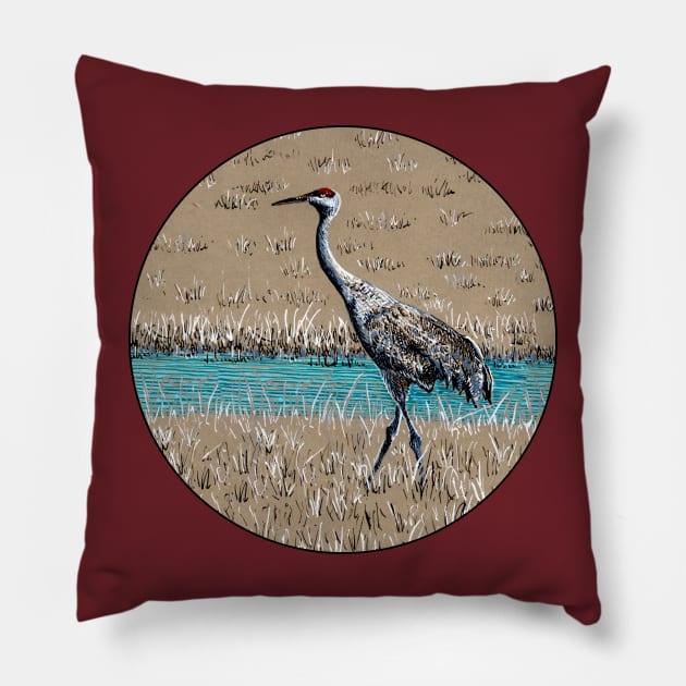 Sandhill Crane color ink drawing Pillow by tsd-fashion