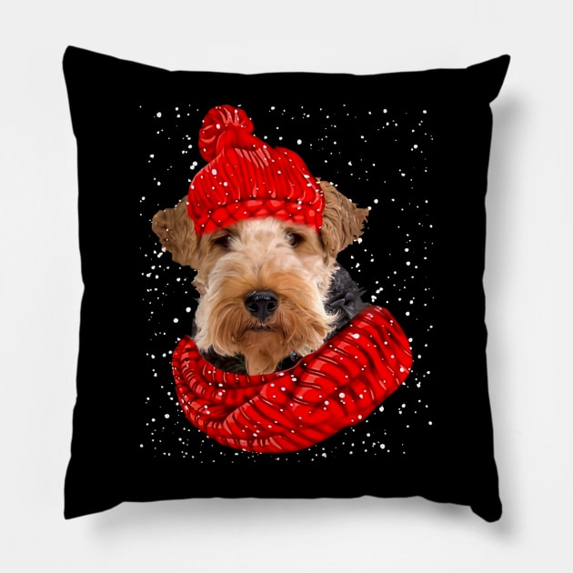 Wire Fox Terrier Wearing Red Hat And Scarf Christmas Pillow by Brodrick Arlette Store